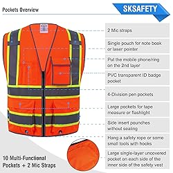 SKSAFETY 10 Pockets Safety Vest, Class 2 High