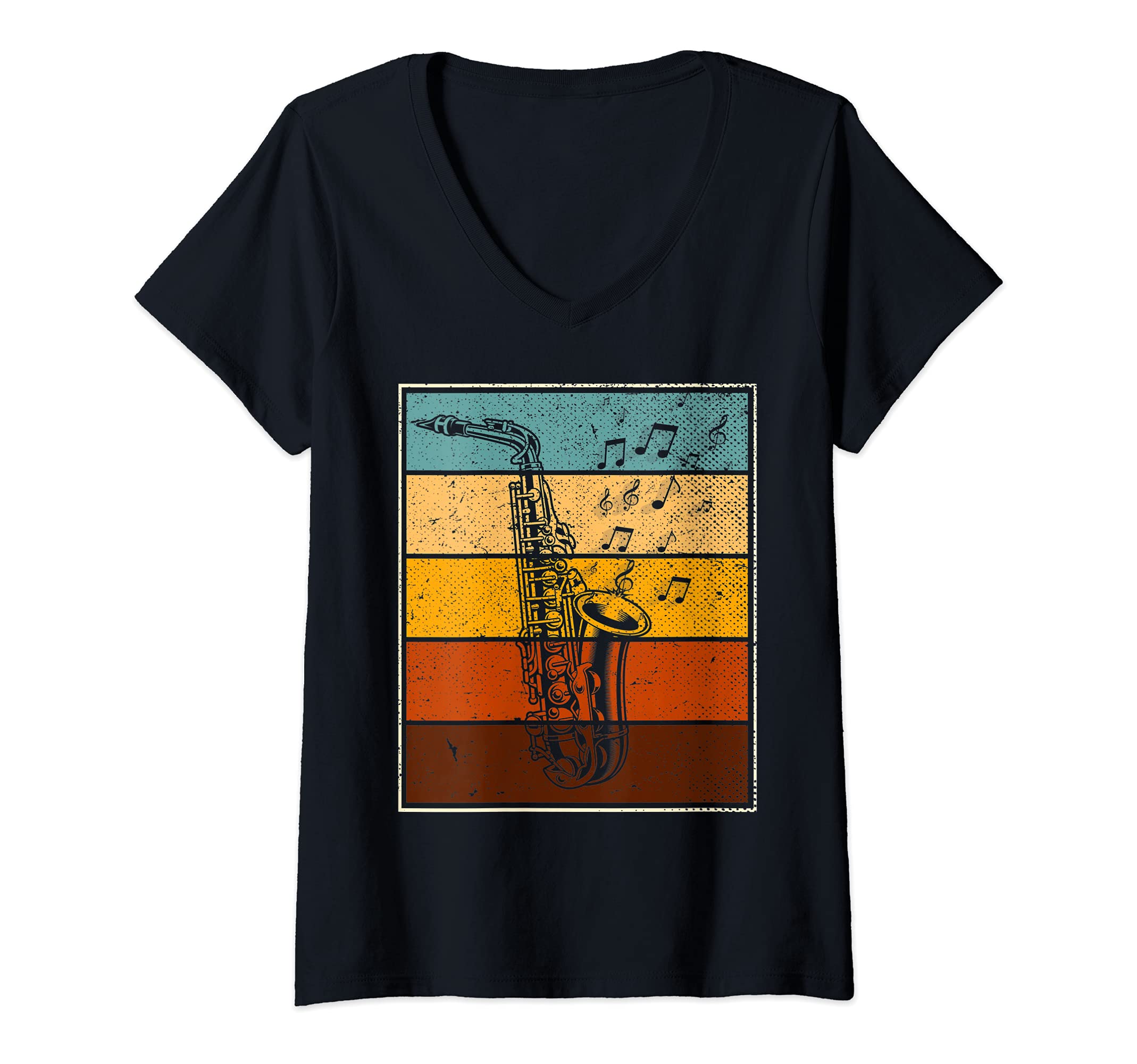 Womens Jazz Musical Instrument Saxophonist Retro Saxophone V-Neck T-Shirt