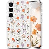 EYZUTAK Magnetic for Samsung Galaxy S25 Case Flower Case Compatible with MagSafe, Pretty Floral Stylish Aesthetic Phone Cover Slim Clear Anti-Yellowing Protective Cover for Girls Women - Orange