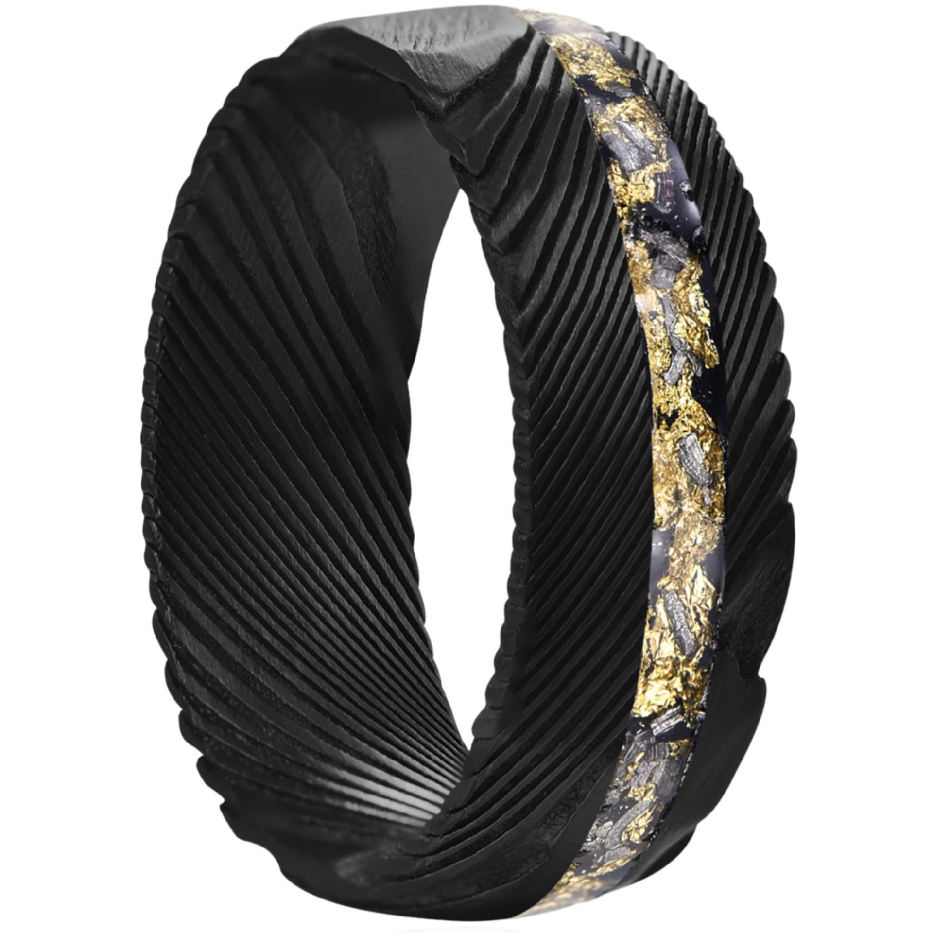 NUNCAD Black Damascus Rings for Men Meteorite and