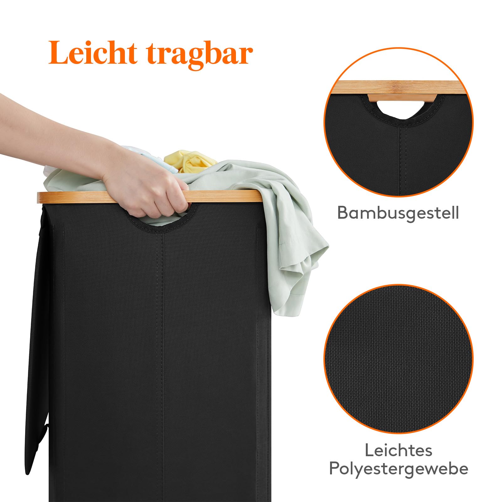 Lifewit 100L Wäschekorb mit Deckel, Wäschekörbe für Wäsche mit Bambus Griffe und Eine Abnehmbare Wäschesack, Große Faltbare Wäschekorb für Schlafzimmer, Bad, Schlafsaal, Waschküche, Schwarz 6