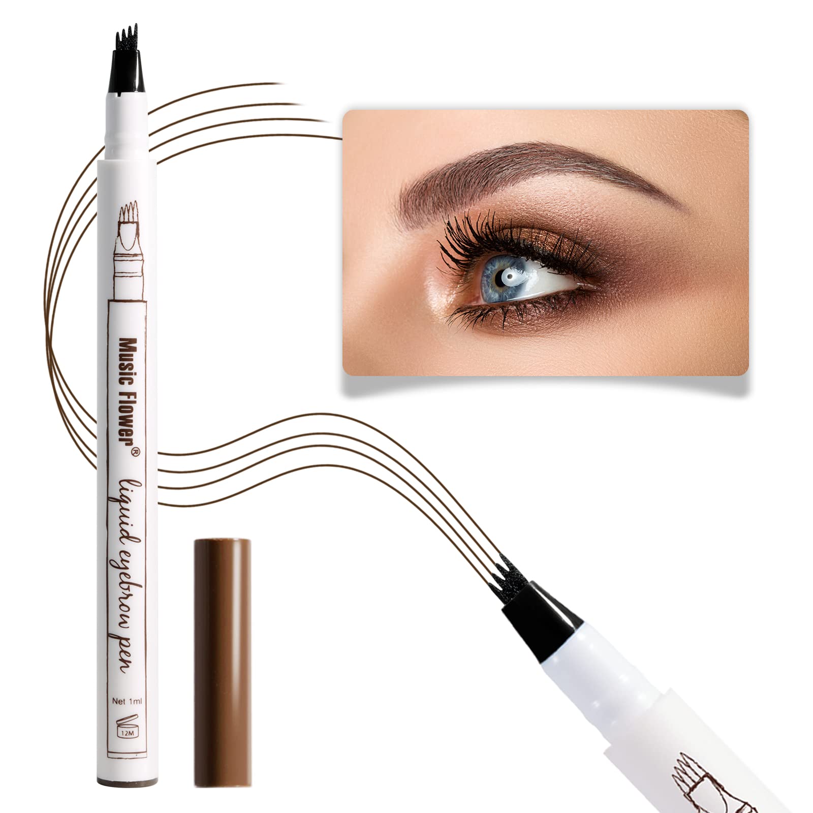 Music Flower Eyebrow Pencil, Reddish Brown Brow Pencil, Waterproof Brow Pen with 4 Micro-Fork Tip, Smudgeproof Fine Sketch Long Lasting Pen