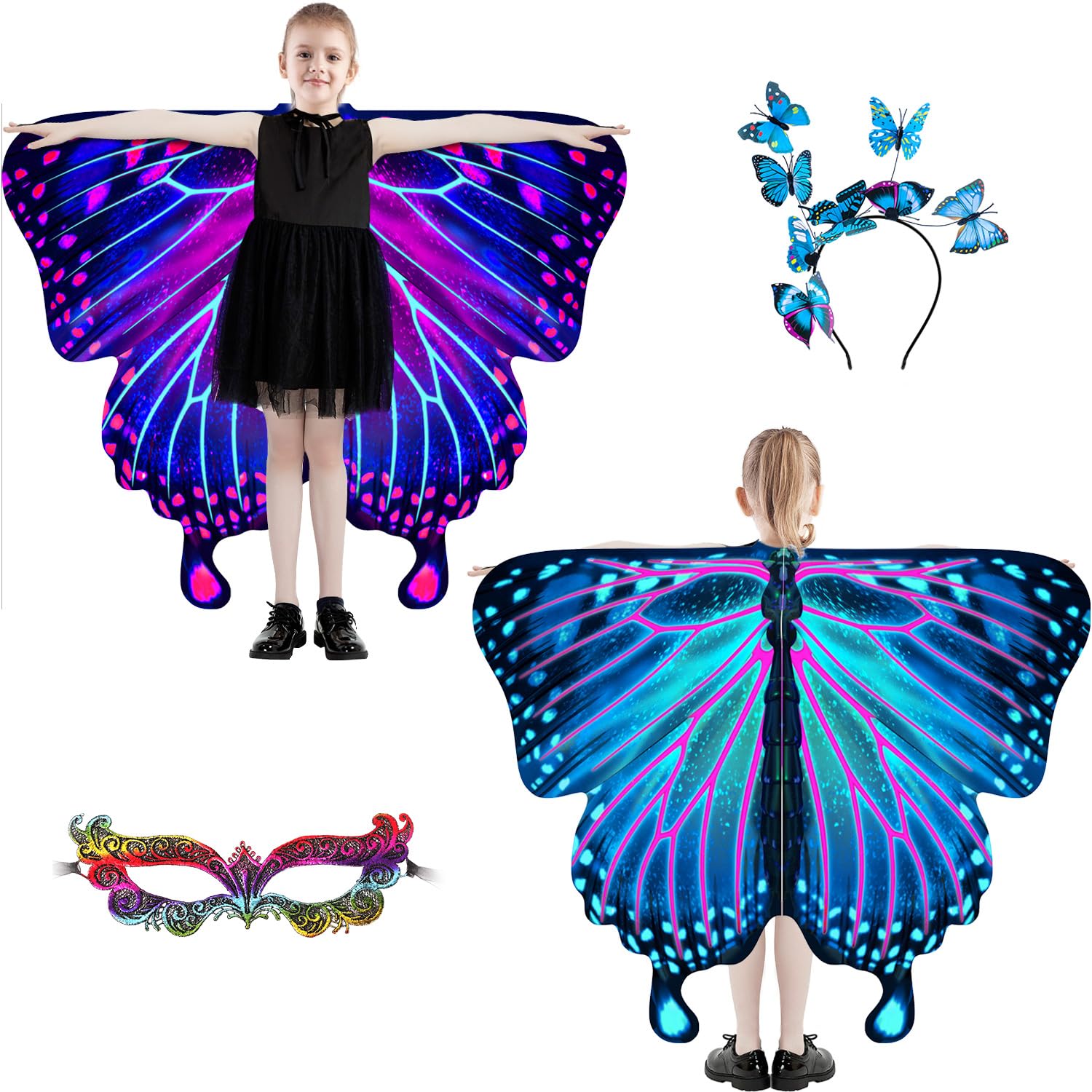 plainshe Butterfly Wings for Girls, Double-Sided Fairy Wing, Kids Butterfly Costume for Halloween, 3PCS Butterfly Cape Set (Double-Sided 12)