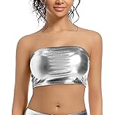OVIGILY Women's Rave Tube Top Metallic Strapless Crop Top Shiny Bandeau Bralette for Festival, Party, Dance, Costumes