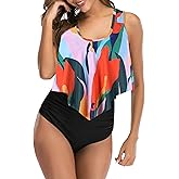 Women High Waisted Bikini Swimsuit Plus Size Flounce Top Vintage Tummy Control Bottom Two Piece Tankini Bathing Suits