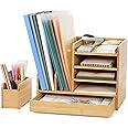 Cozivolife Bamboo Desk Organizer with File Holders, Wooden Table Files Storage with Adjustable Pen Holder and Drawer, Desktop Letter Paper Tray Rack for Office Home School (Bamboo)