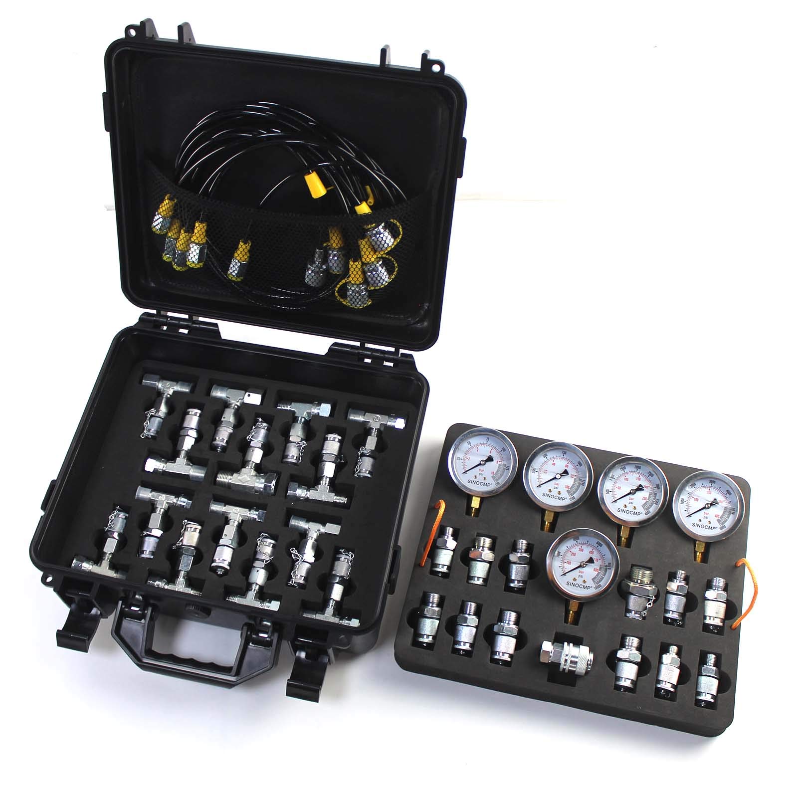 SINOCMP Hydraulic Pressure Test Kit with 5 Gauges, 3 Test Hoses and 24