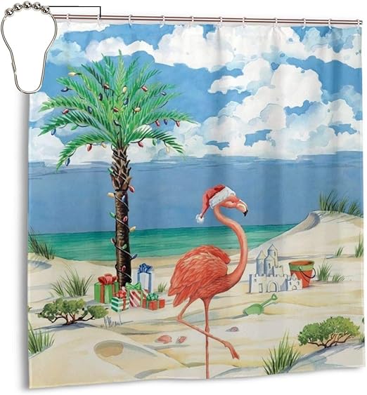 Amazon Com Flamingo Christmas Beach Art Blue Bathroom Shower Curtain Decorative Toilet Celebrate Picks Set Prints Themed Party Supplies Accessories Indoor Home Room Restroom Decor Ornament Kitchen Dining