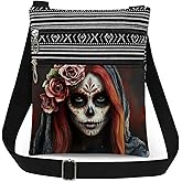 XiaoGalaee Halloween Woman Skull Crossbody Bag Pink Flowers with Skull Face Print Adjustable Strap Messenger Bag Birthday Gift or Party Present​​ for Sister