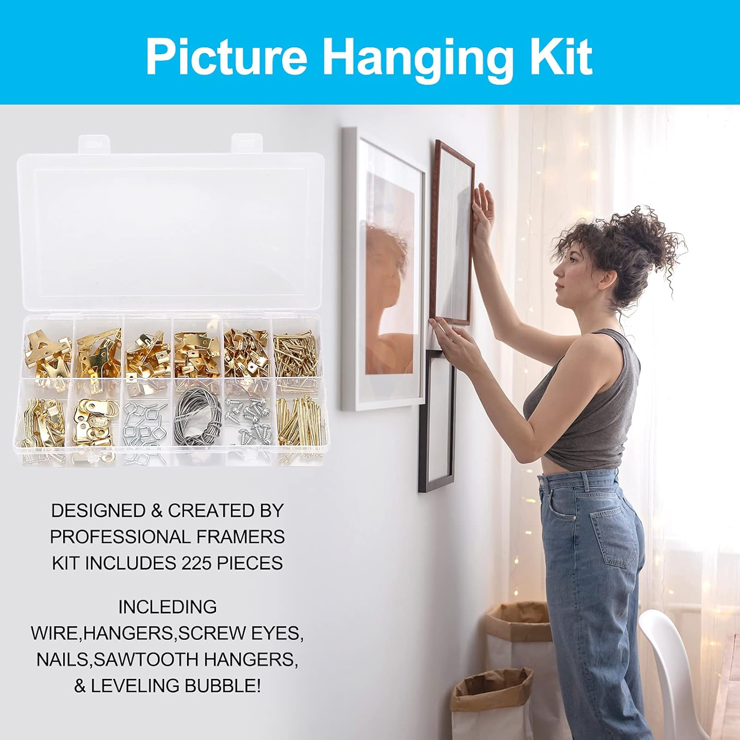226 PCS Picture Hanging Kit，Picture Hangers Heavy Duty Frame Hooks Hardware with Nails, Hanging Wire, Screw Eyes, D Ring and Sawtooth for Wall Mounting - - 