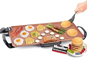 MÜELLERHOME Mueller XL 24" x 12" Family-Sized Pancake Griddle, Healthy Eco Non-Stick Electric Griddle, 18 Eggs at Once, with Cool-Touch Removable Handles & Temp Control, for Pancakes, Burgers, Eggs, Copper
