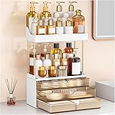 caktraie Bathroom Organizers and Storage - 3 Drawers 2 Tier Makeup Organizer, Cosmetic Storage Drawer for Dresser Countertop and Bathroom Vanity for Large Skincare, Perfume, Amber
