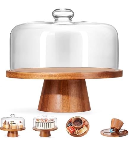 Soporte Para Tarta Con Tapa De Cristal - Bandeja De Madera Para Exhibir Postres | Varios Tamaños