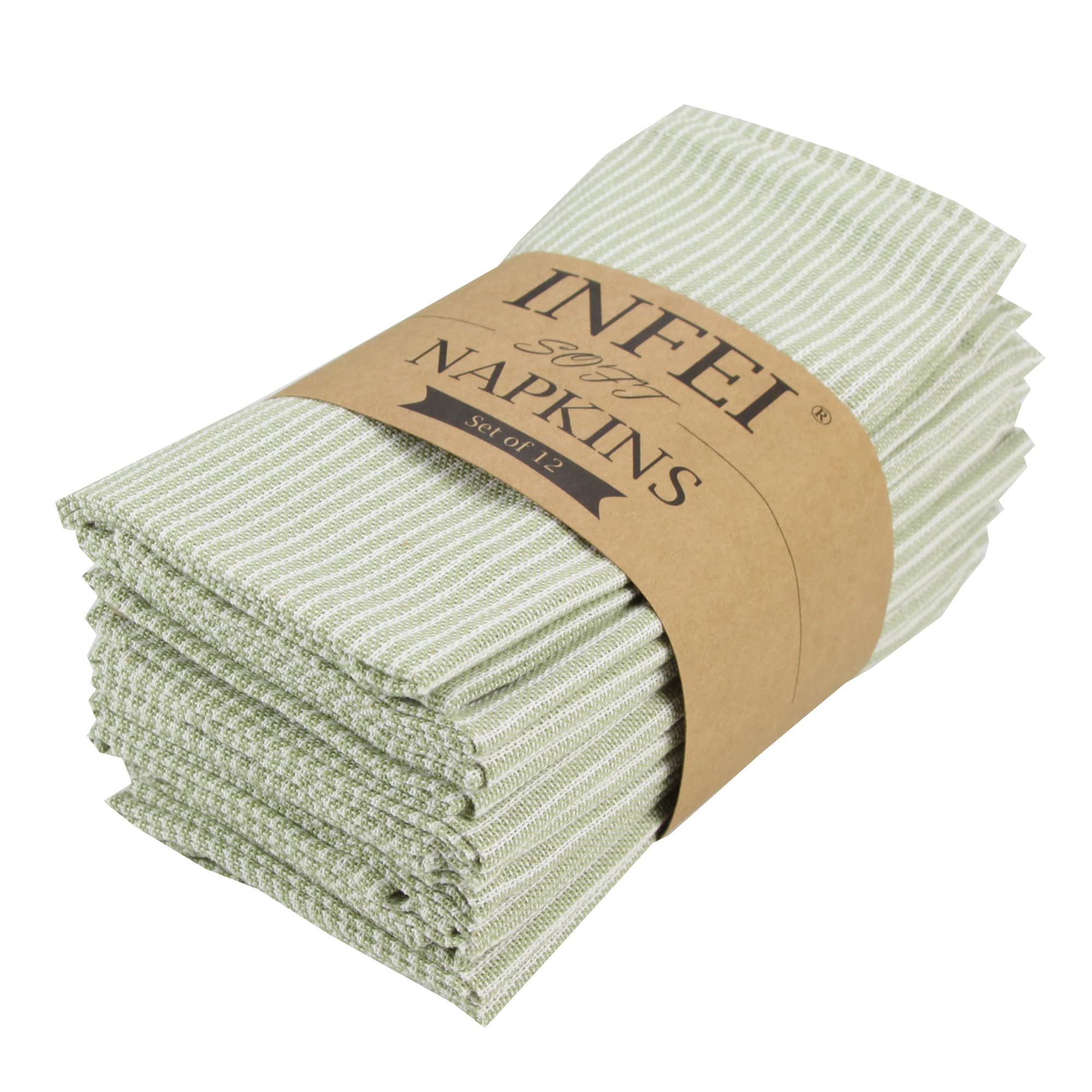 Photo 1 of INFEI Narrow Striped Cotton Linen Blended Dinner Cloth Napkins - Set of 12 (40 x 40 cm) - for Christmas Parties Events & Home Use (Green)