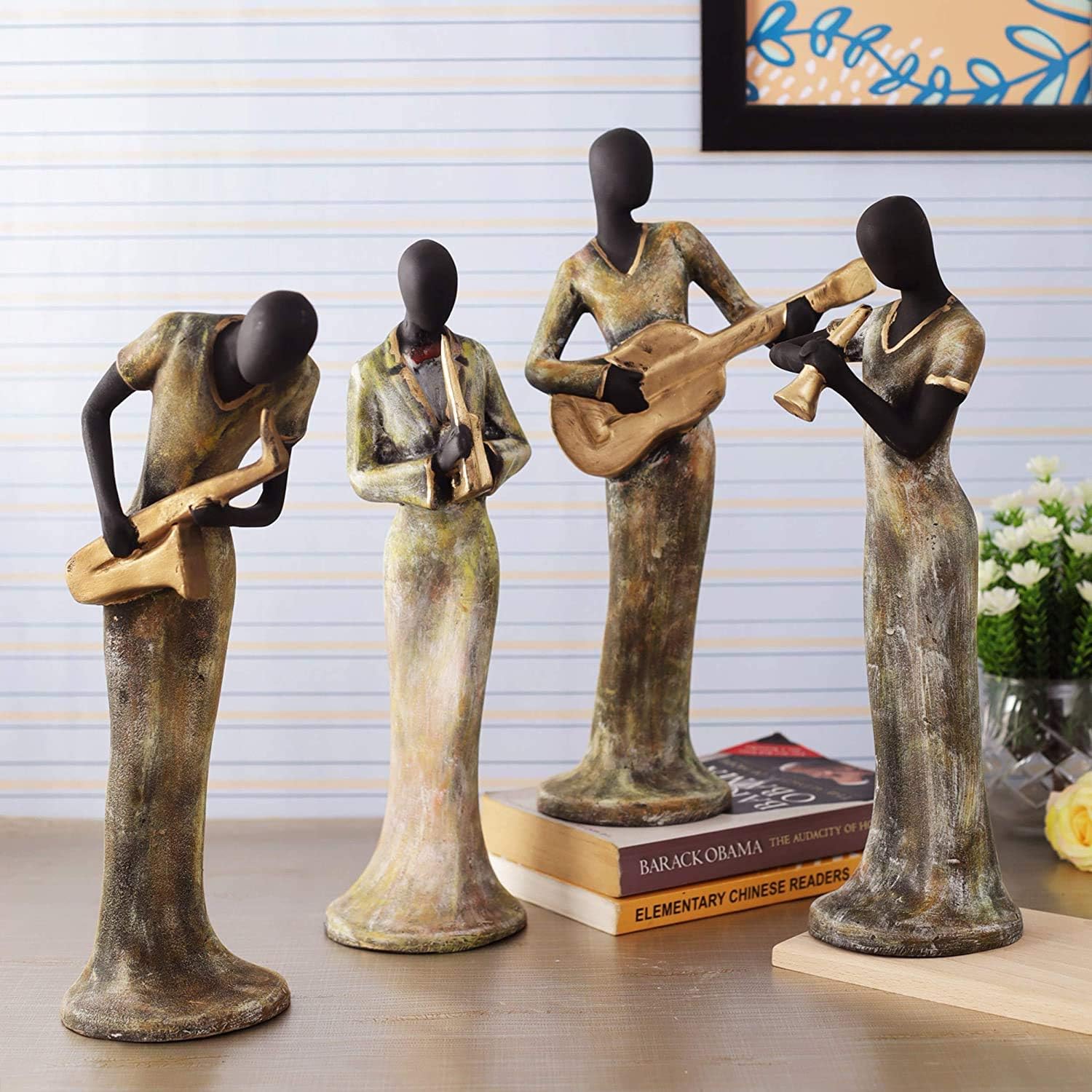 TIED RIBBONS Set of 4 Decorative Ladies Playing Musical Instrument Ornament Showpiece Collectible Figurines for Home Décor Wall Shelf Table Office Living Room Decoration Item (34 cm X 10 cm) Sandstone