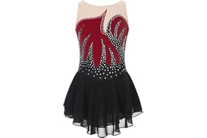 XUNZOO Kid Girls Ice Figure Skating Costume Patchwork Color Mesh Leotard Dress for Dance Performance