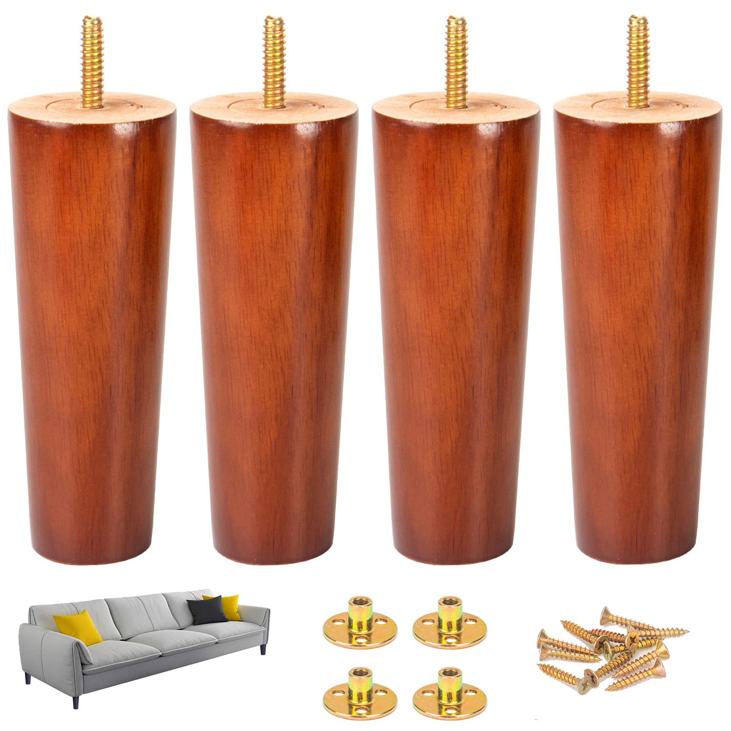20 cm / 8 Inch Wooden Furniture Legs Set 4 PCS Cone Shaped Oak Wood Furniture Replacement Feet Legs with Mounting Plate & Screws for Sofa TV Cabinet Bed Dining Table Couch Cabinet Chair - Walnut