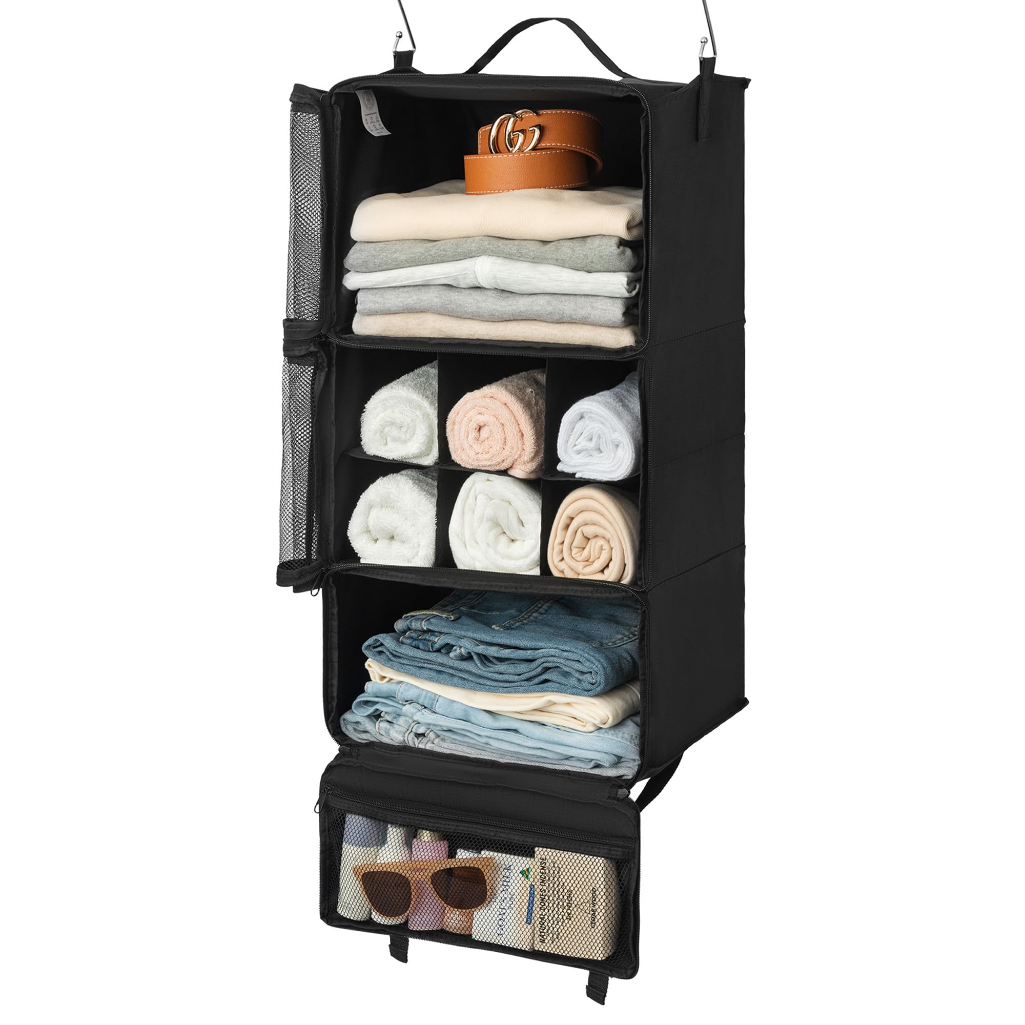 GRANNY SAYS 3-Shelf Hanging Travel Organizer, Portable Travel Hanging Shelves, Instant Wardrobe for Suitcase, Black Hanging Packing Cubes for Closet Storage, Compression Hanging Clothes Organiser