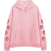 KEEVICI Women's Cute Sweatshirt Strawberry Sleeve Printed Cotton Warm Hoodie with Pocket