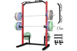 OPPSDECOR Squat Rack, Multi-Function Power Cage Rack with Adjustable Weight Bench, Squat Rack with Pull-up Bar, J-Hooks, More Training Attachment for Home Gym