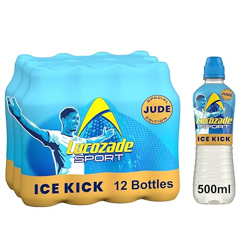 Lucozade Sport Ice Kick, Jude Bellingham Edition, 500ml (Pack of 12), Isotonic sports drink with electrolytes and vitamin B3 | Still | Bursting with flavour