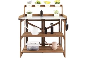 Ketive Folding Potting Bench Table,Outdoor Potting Bench Garden Wooden Potting Table,Fir Wood Workstation Planting Table with Galvanized Tabletop,2 Tier Storage Shelves,Top Shelf(Brown)