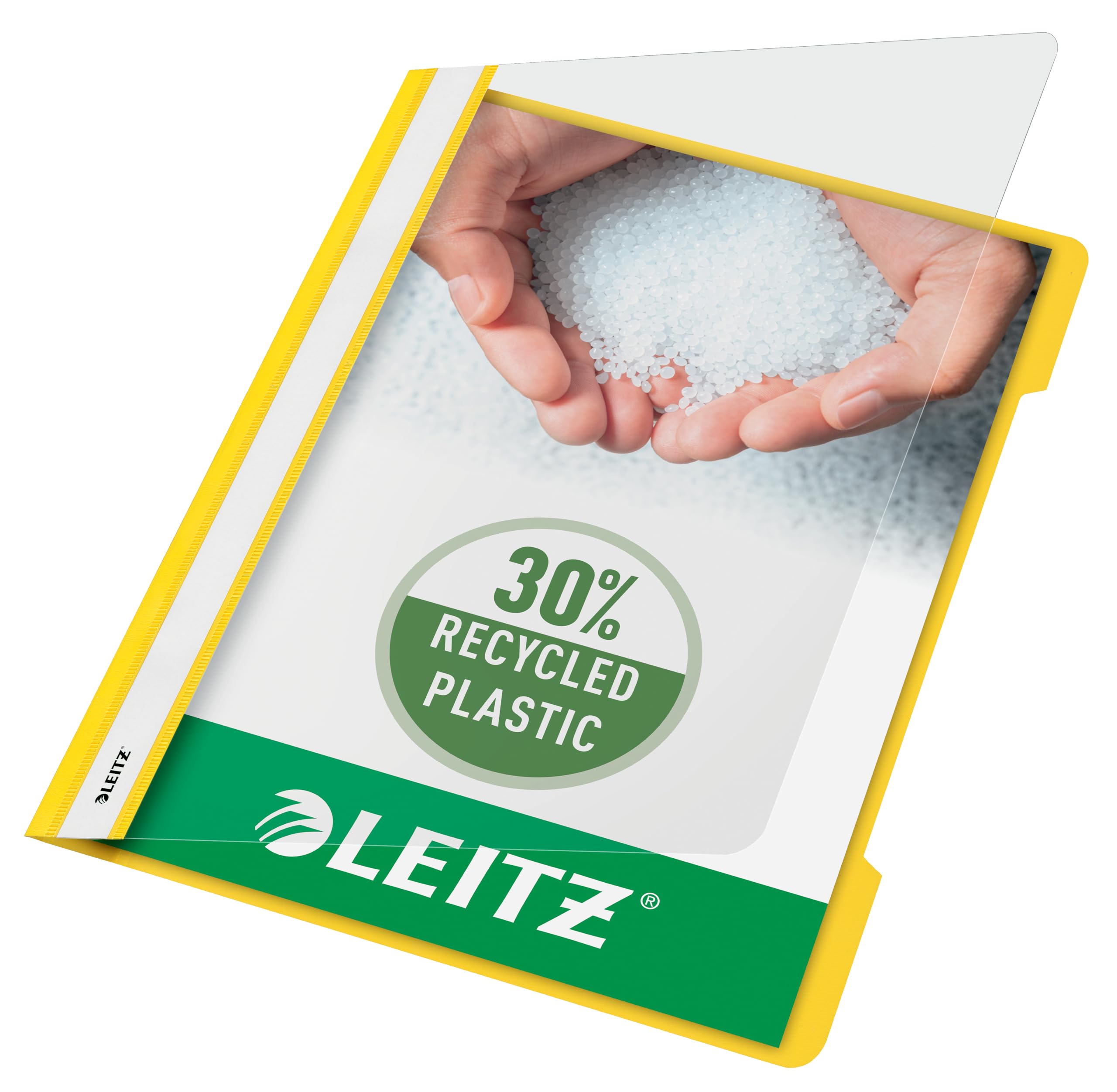 Leitz A4 Standard Plastic File, 30 Percent Pre-consumer Recycled Plastic, Flatfile for A4 Sheets, 60 Sheet Capacity, Yellow, 41910015