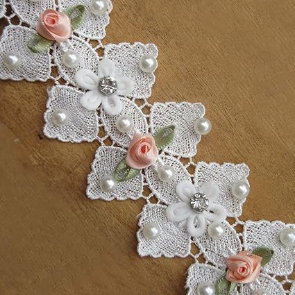 Vintage Beige /& Pink Floral Applique Trim w Beads