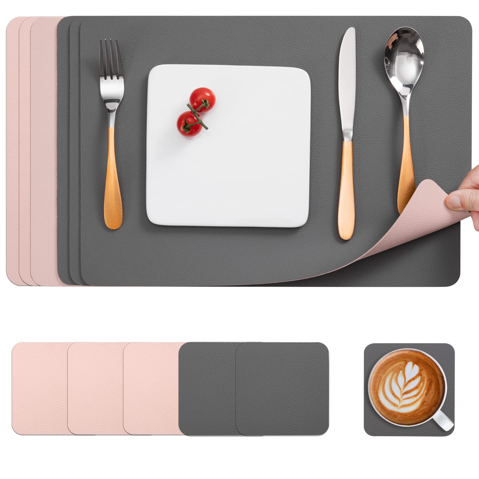 Myir JUN Leather Table Mats and Coasters, Dual-Sided Leather Placemats and Coasters Waterproof Placemats Set of 6 Place Mats Non-Slip Washable Table Mats (Gray Pink, Set of 6)