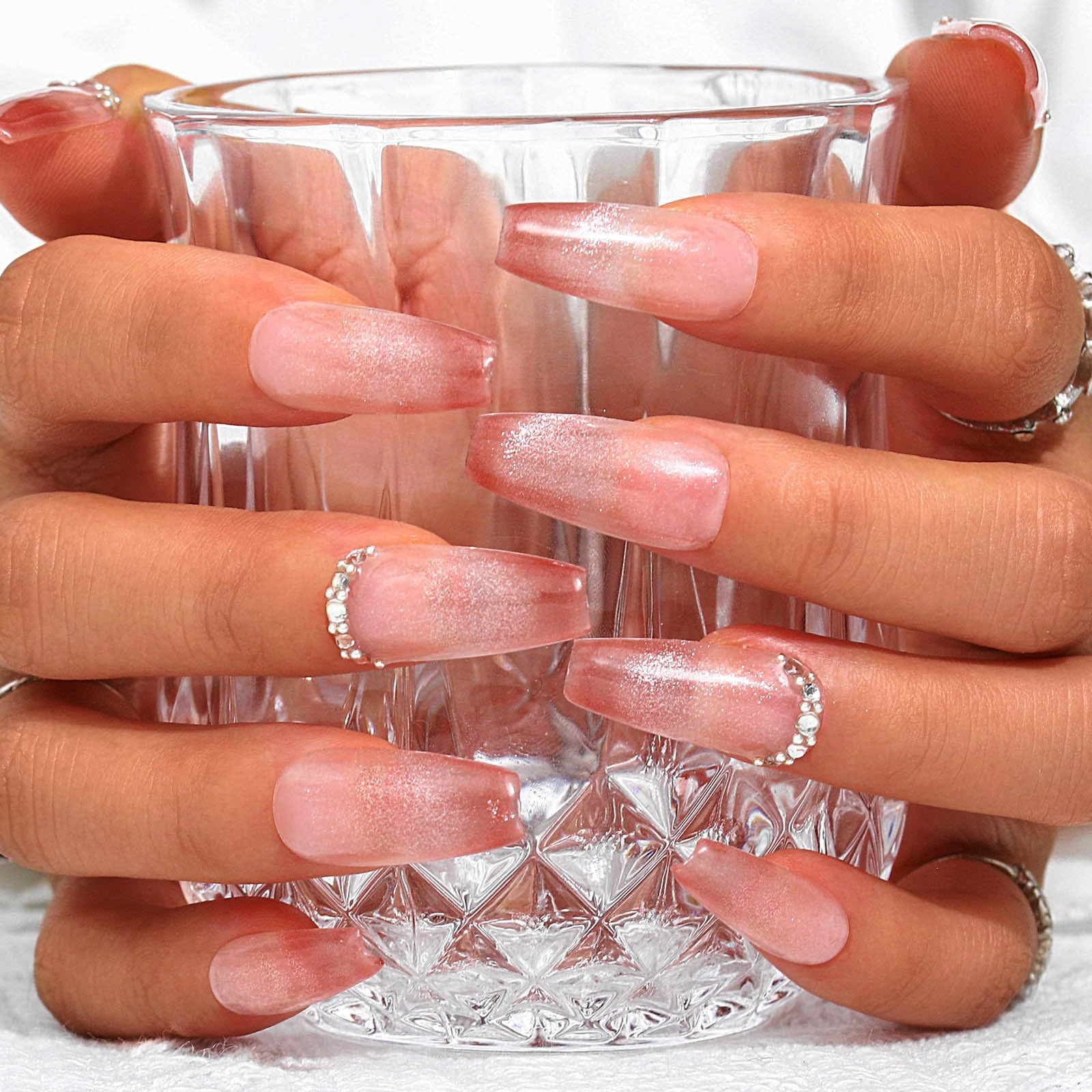 Sethexy French Long Coffin False Nails Pink Gradient Press On Nails Rhinestone Glitter Fake Nails Glossy Sparkle Acrylic Salon Quality Nail Art Removable for Women and Girls (N)