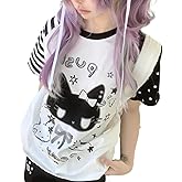 Pokn Y2k Kawaii Shirts for Women Cartoon Graphic Cute Cat Tees Off Shoulder Cutecore Shirts Harajuku Fashion Top