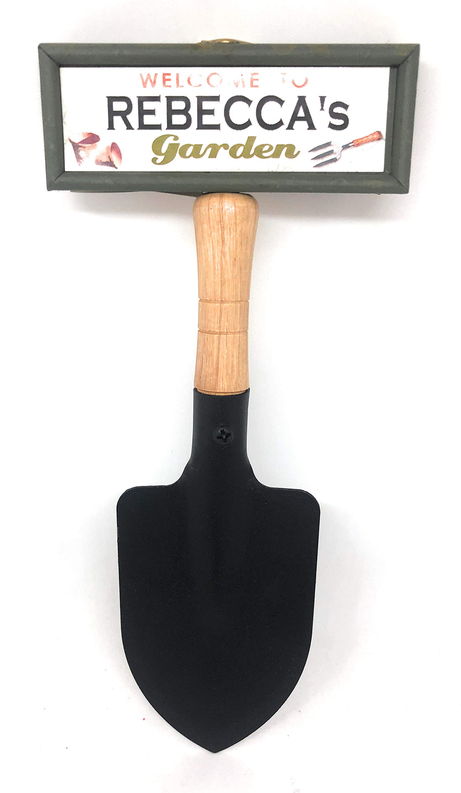"Welcome to Rebecca's garden" hanging shovel sign