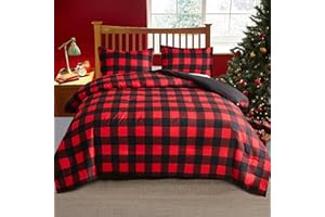 Faincy Full Comforter Set, Red and Black Grid Buffalo Check Plaid Pattern, Reversible Microfiber Duvet Set, Soft Christmas Ne