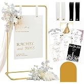 Wedding Sign Holder, Adjustable Welcome to Our Wedding Sign Stand W/Design Bundle &amp; Leather Sign Hanging Straps, Heavy Duty Easel Stand for Sign, Wedding Seating Chart Stand, Easel for Display (Gold)