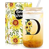 Frerdui Birthday Gifts for Women, Initial Glass Cups w Lids and Straws, Sunflower Gift for Women, Personalized Gift, 16oz Glass Tumbler Cups W/Straw Lid, Monogrammed Birthday Gifts for Her Mom - D