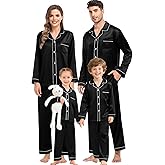 SWOMOG Family Matching Pajama Satin Pajamas Long Sleeve Sleepwear Button Down Loungewear 2 Pcs Pj Set