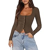 Pungdra Womens Button Up Tops for Women Knit Ribbed Fitted Button Down Cardigan Long Sleeve Going Out Tops Fall Clothes