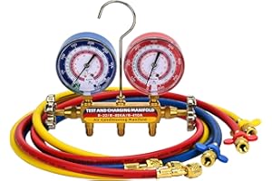 DRAKO-MYXX 2025 Upgrade 42004 Test and Charge Manifold with 3-1/8" (80 mm) Gauge, for R-22/ 404A/ 410A, 1/4" to 1/4" Standard Flare Fittings with 60" HVAC Hoses, Gauge with Colored Label, Hvac Gauges with Hoses