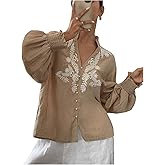 SHENHE Women's Boho Blouse Embroidered Linen Long Sleeve Shirts Vintage Floral V-Neck Button Down Shirts