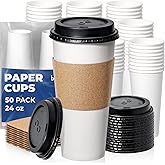 Fit Meal Prep 24 oz 50 Pack To Go Coffee Cups with Lids and Sleeves, Disposable Paper Coffee Cups with Lids for Hot/Cold Beverage