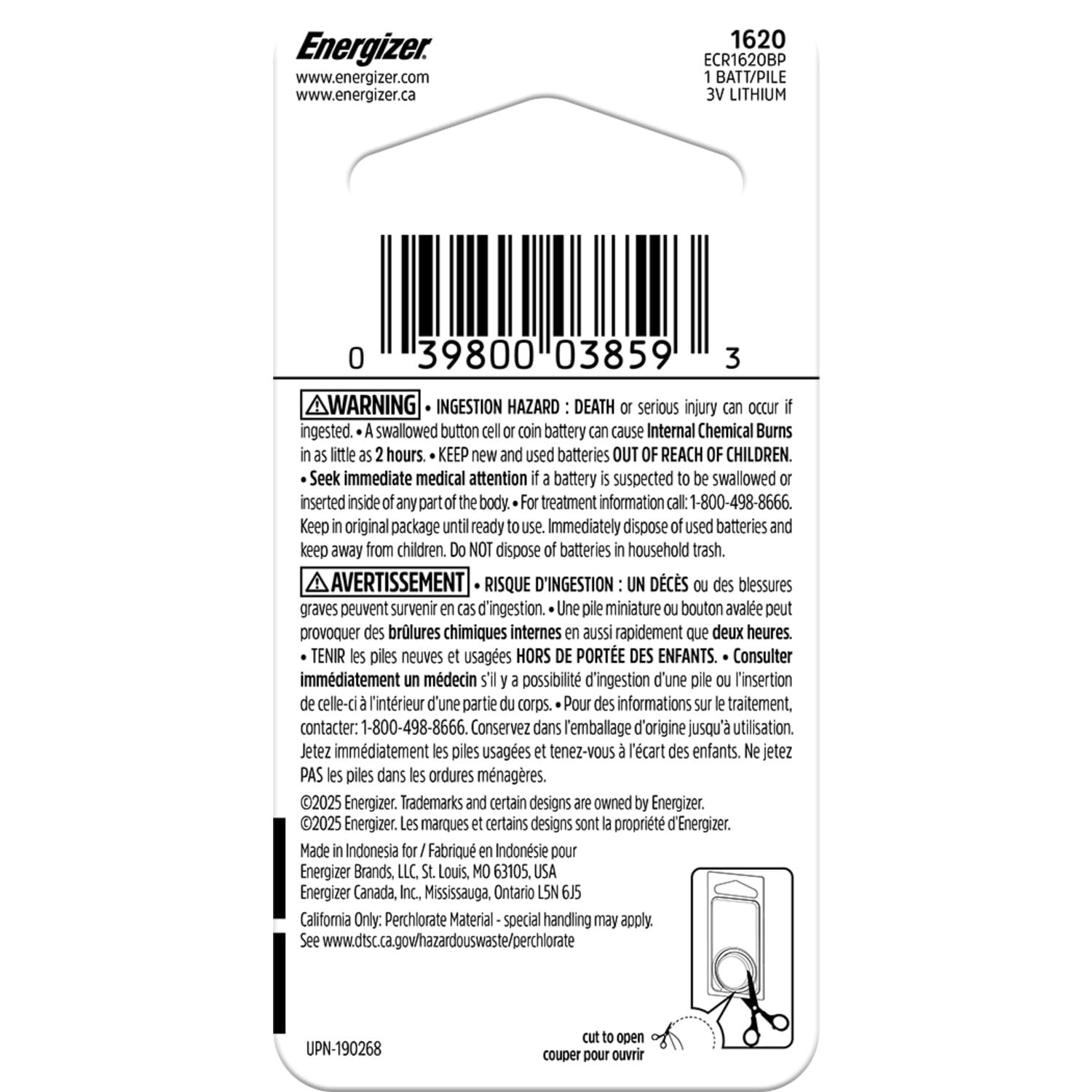 Energizer 1620 Lithium Coin Battery, 1 Pack