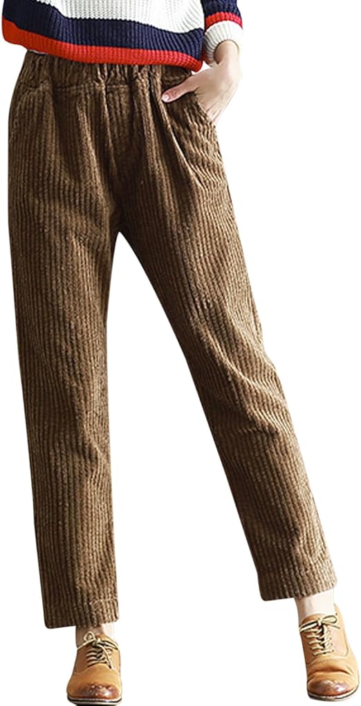 Tanming Women's Elastic Waist Pull On Corduroy Pants (Medium, Brown