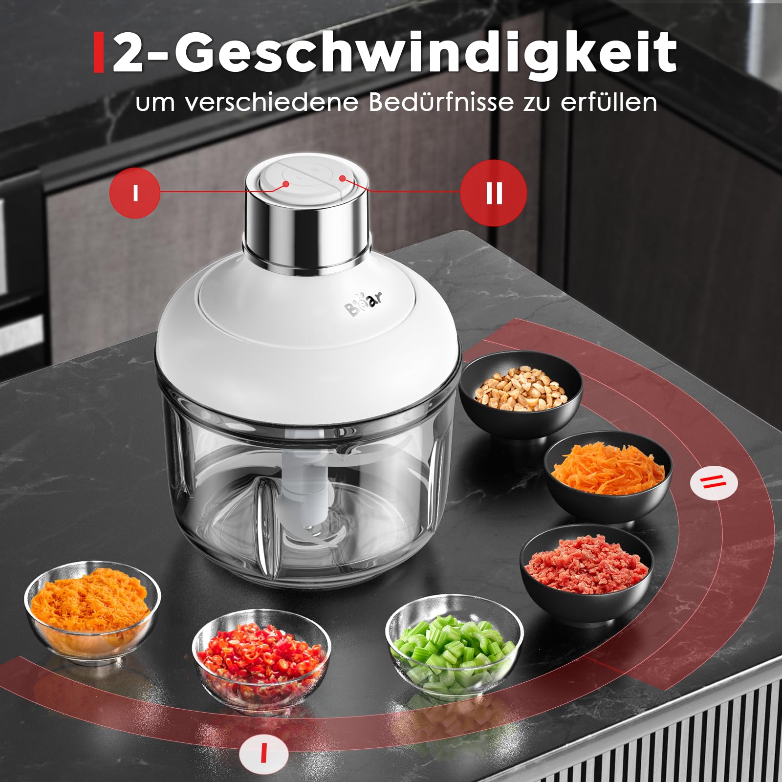 Bear 0.6L+2L Zerkleinerer Glas, 2 Geschwindigkeitsstufen, Häcksler mit 4-Edelstahlklingen und Fleischwolf, Glasbehälter Zerkleinerer für Fleisch,Babynahrung,Obst,Gemüse,Elektrisch Mini chopper 3
