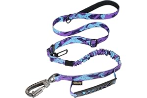 Hotsky Tactical Dog Leash Heavy Duty for Medium Large Dogs That Pull,4-6Ft Strong Bungee Shock Absorbing No Pull Dog Leash with Padded Double Handle and Car Seatbelt,Purple Camo