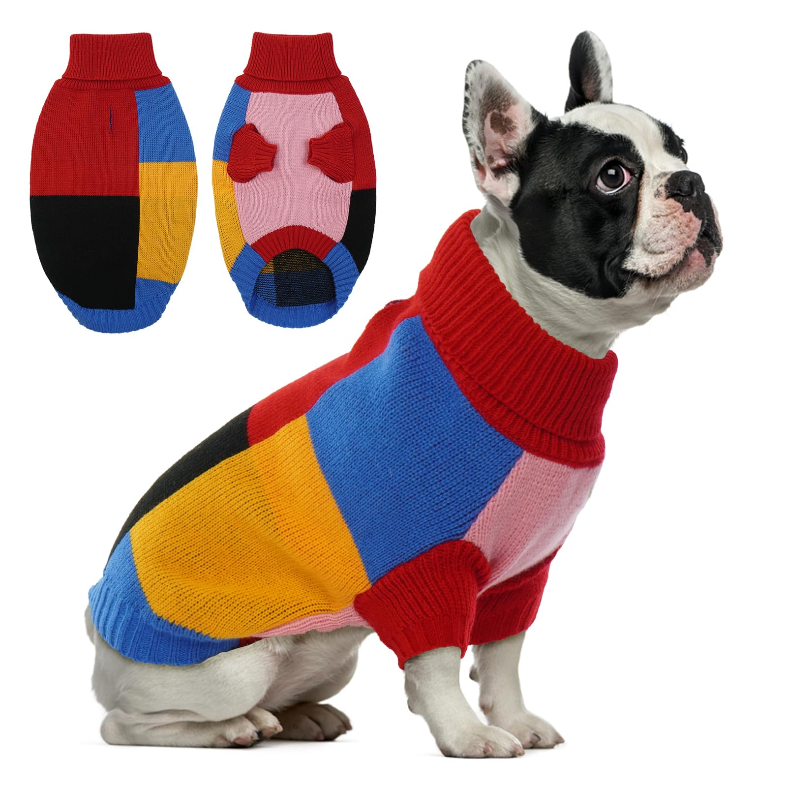 Hjumarayan Dog Jumper, Vintage Dog Jumpers Medium Size with Legs, Soft & Warm Sweater with Harness Hole, Colour Blocked Xmas Jumpers for French Bulldog, Cocker Spanie, Red L