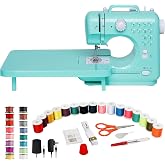 Sewing Machine for Beginners with Extension Table, Mini Sewing Machine Kit | Electric Portable Sew Machine with 12 Stitches LED Light, Full Sew Accessories Kit for Home DIY Project, Clor Cyan