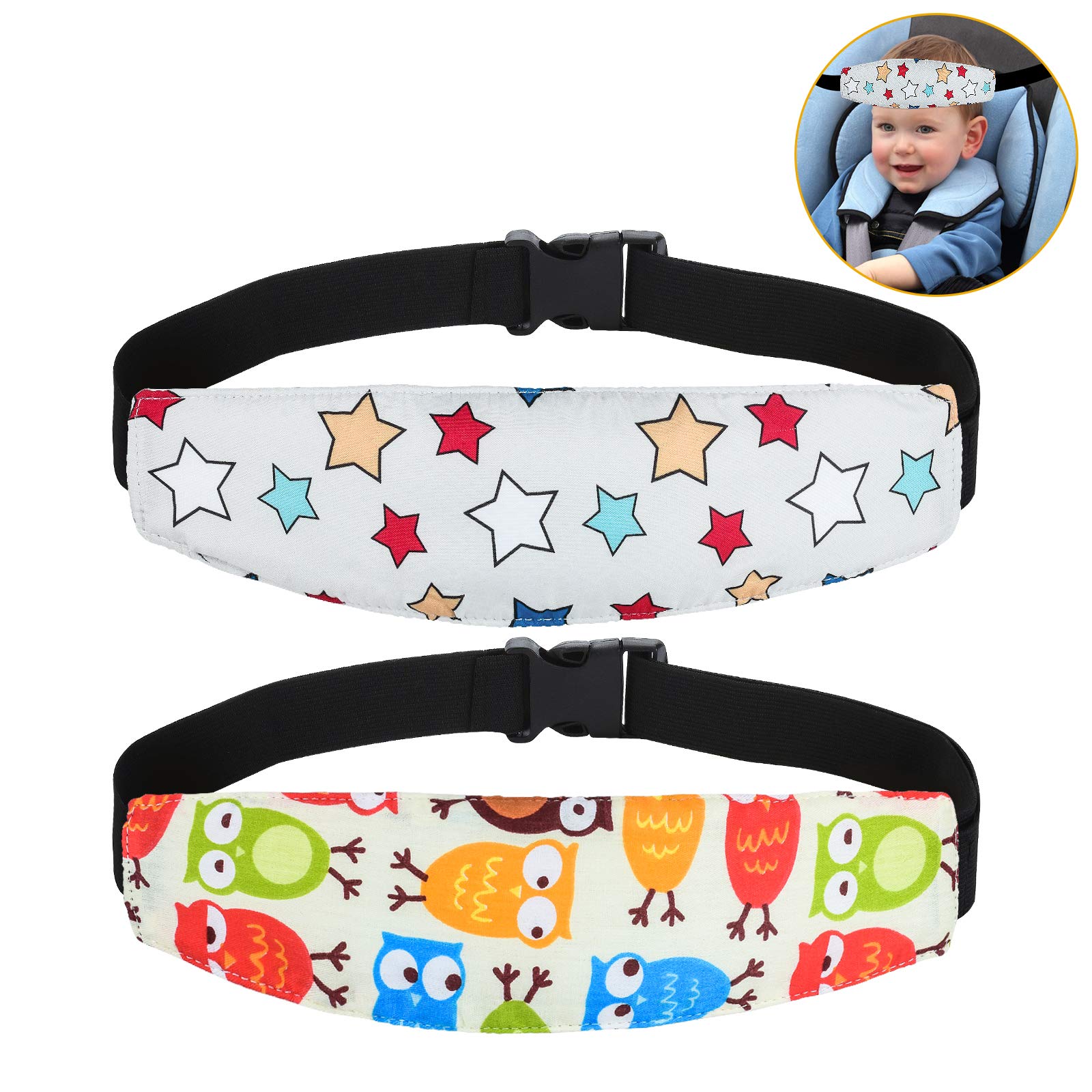 Photo 1 of Baby Carseat Head Support,Car seat Straps Pillow Support Ban,Stroller Neck Relief Strap Headrest,Slumber Sling Sleep Positioner for Toddler Infants Child Children Kids(White Stars + Birds)