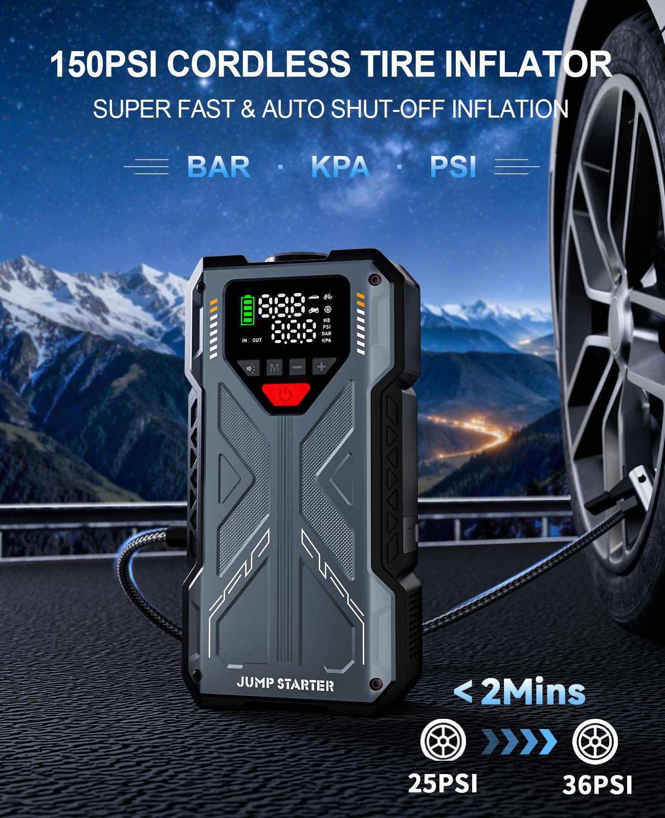 Jump Starter with Air Compressor 4000A, Emergency Car Jumper Starter Portable(8.0L Gas/6.5L Diesel) with 150PSI Auto-Shutoff Tire Inflator, 12V Jump Box Car Battery Booster Power Pack with QC3.0, LCD