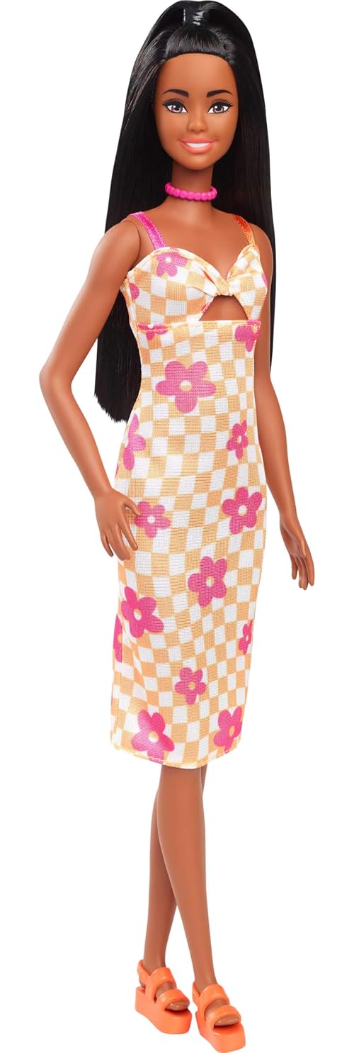 Barbie Fashionistas Doll #233 with Black Hair, Wearing Checkered Orange and Pink Flower Midi Dress with Necklace and Sandals, HYT91