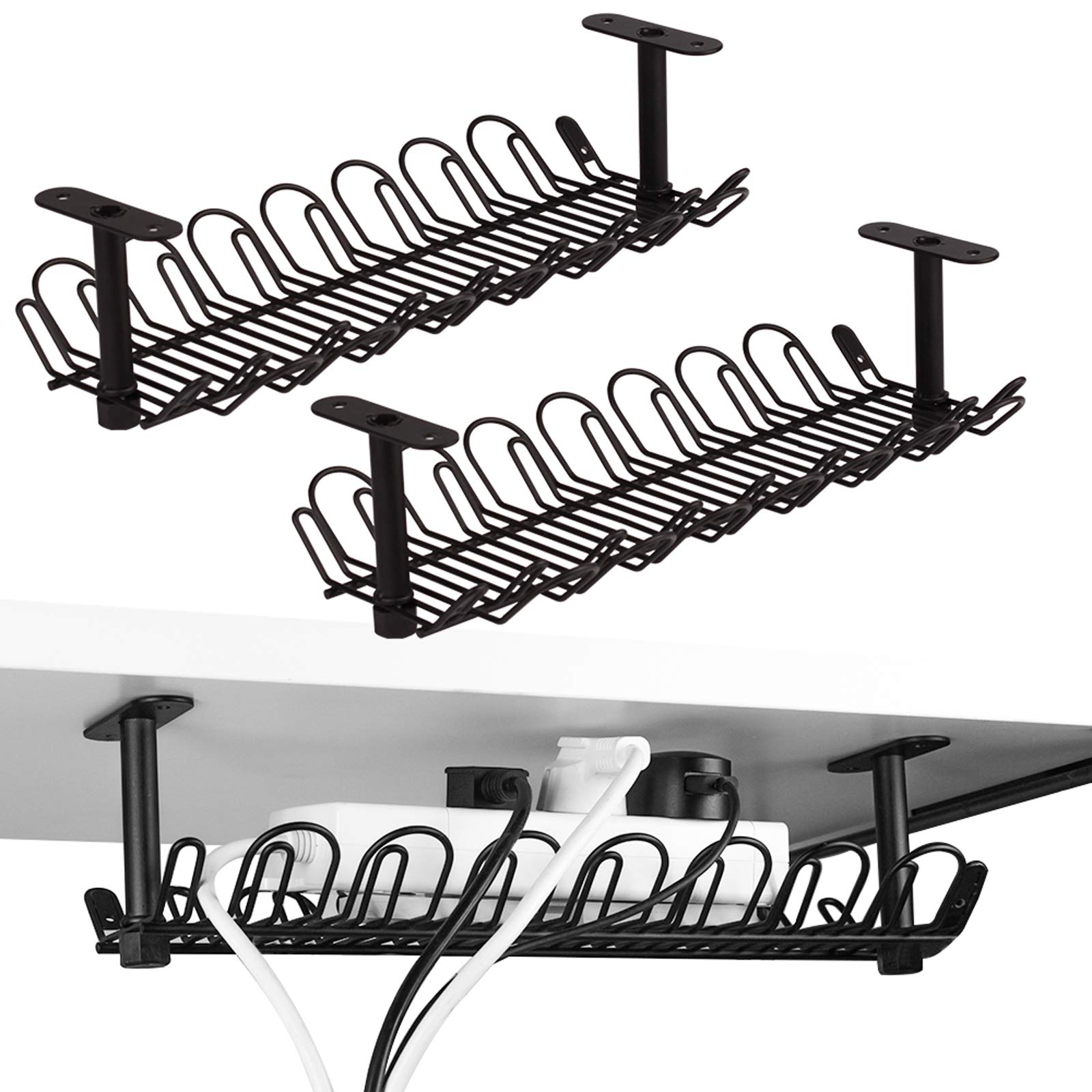 Photo 1 of 2 Packs Cable Management Tray, 14 inch Under Desk Cable Holder for Wire Management, Heavy Metal Cord Organizer Ideal for Computer Home Office Standing Tables to Hide Power Strips (Black)